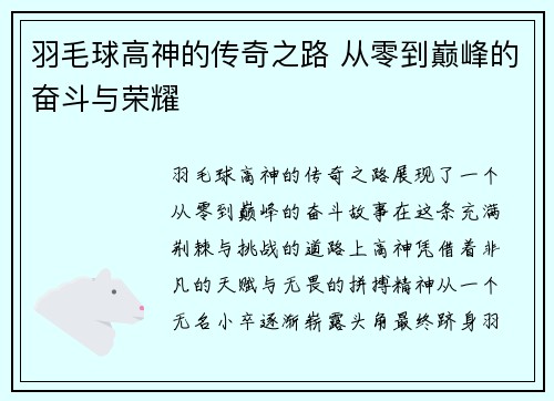 羽毛球高神的传奇之路 从零到巅峰的奋斗与荣耀