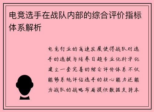 电竞选手在战队内部的综合评价指标体系解析